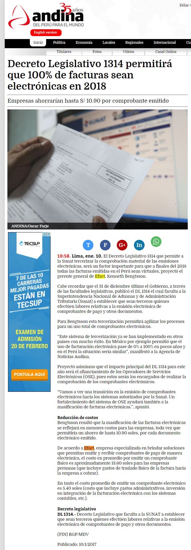 Decreto Legislativo 1314 permitirá que 100% de facturas sean electrónicas en el 2018